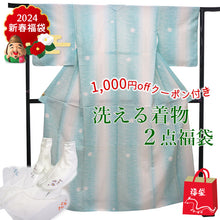 画像をギャラリービューアに読み込む, 洗えるきもの2点福袋 2024福袋 ライトブルー地 露芝柄 縞 Mサイズ 着物 刺繍足袋 1,000円offクーポン付き 家で洗える ストレッチ足袋 セット 和装小物 和服 着物 新春 福袋