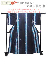 画像をギャラリービューアに読み込む, 洗えるきもの2点福袋 2024福袋 ネイビー地 桜柄 縞 Mサイズ 着物 刺繍足袋 1,000円offクーポン付き 家で洗える ストレッチ足袋 セット 和装小物 和服 着物 新春 福袋