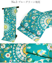 画像をギャラリービューアに読み込む, 名古屋帯 洗える 単品 ブルー 薄灰緑 ブルーグリーン 深緑 白 薄黄緑 オリエンタル ボタニカル 花 レース ストライプ 六角 華紋 柄 八寸 仕立て上がり プレタ カジュアル レディース 女性 和服 和装 着物