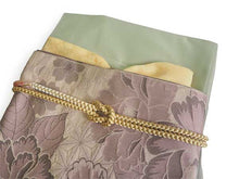 画像をギャラリービューアに読み込む, コーディネート済 袷着物4点セット(着物・名古屋帯・帯揚げ・帯締め) 自宅で洗濯OK Mサイズ 淡黄緑色地色無地きもの ブラウン地牡丹柄帯 コーディネートが不安な方に