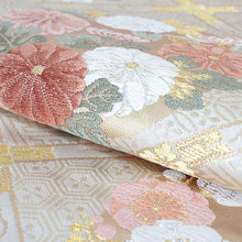 画像をギャラリービューアに読み込む, 袋帯 フォーマル 絹 礼装 西陣織 ヤマキ織物謹製 仕立て付き 送料無料 新品 未使用 販売 ベージュ ゴールド ピンク オレンジ 緑 白 襷 四君子 花の丸 京都 フク