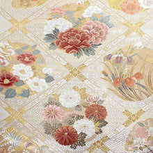 画像をギャラリービューアに読み込む, 袋帯 フォーマル 絹 礼装 西陣織 ヤマキ織物謹製 仕立て付き 送料無料 新品 未使用 販売 ベージュ ゴールド ピンク オレンジ 緑 白 襷 四君子 花の丸 京都 フク