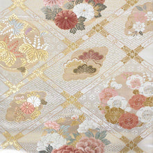 画像をギャラリービューアに読み込む, 袋帯 フォーマル 絹 礼装 西陣織 ヤマキ織物謹製 仕立て付き 送料無料 新品 未使用 販売 ベージュ ゴールド ピンク オレンジ 緑 白 襷 四君子 花の丸 京都 フク