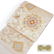 画像をギャラリービューアに読み込む, 袋帯 フォーマル 絹 礼装 西陣織 野々村織物謹製 仕立て付き 送料無料 新品 未使用 販売 ベージュ 唐草 華文 京都 ラオ