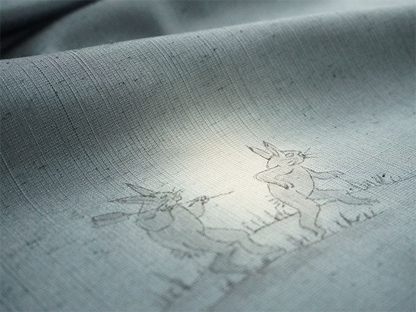 正絹小紋 反物 ブルーグレー 鳥獣戯画 手描き 1点もの 紬生地 アタカス