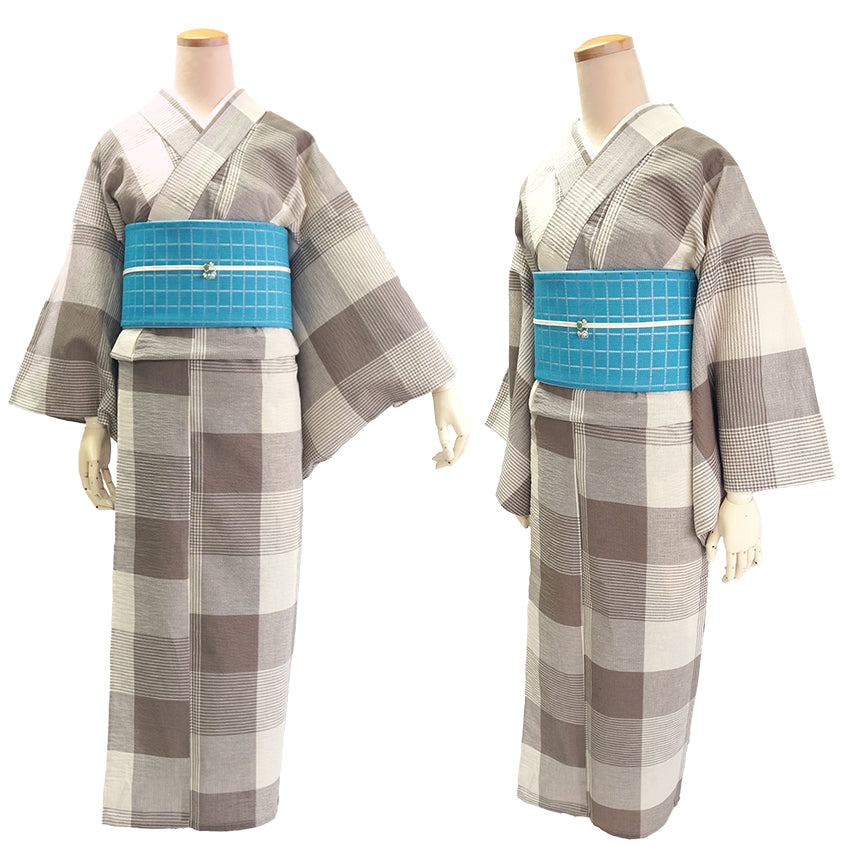 綿麻 着物 浴衣 単品 しじら織 ブラウン オフホワイト 格子 チェック M