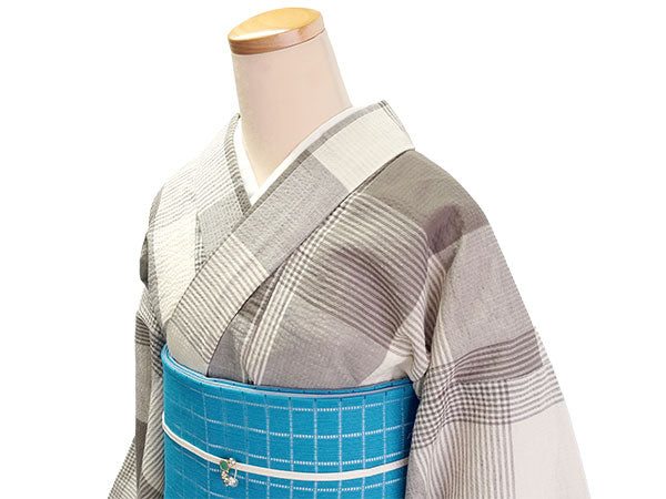 綿麻 着物 浴衣 単品 しじら織 ブラウン オフホワイト 格子 チェック M