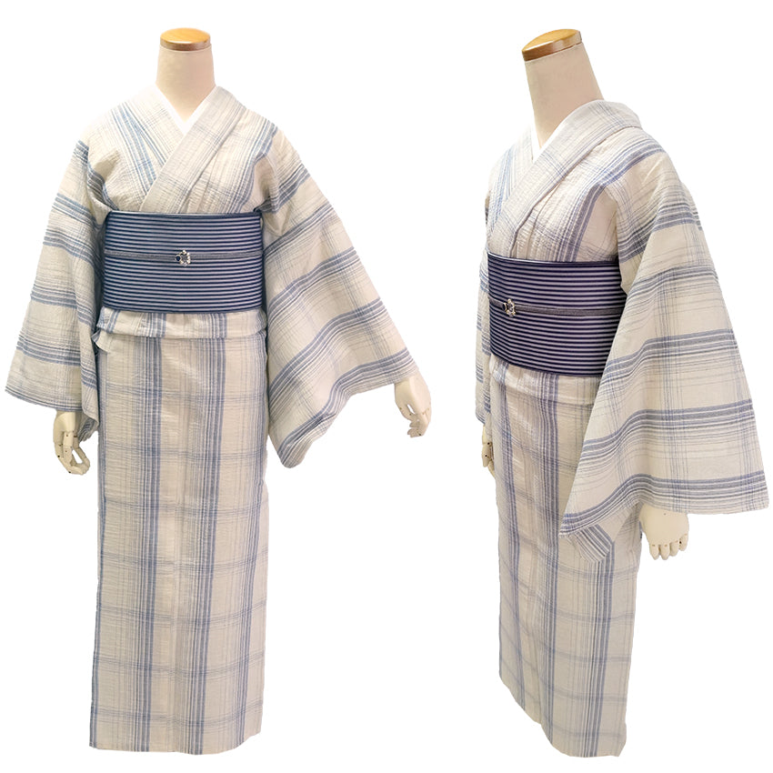 綿麻 着物 浴衣 単品 しじら織 ブルー オフホワイト 格子 滝 チェック Mサイズ Lサイズ お仕立て上がり レディース 夏着物 ゆかた プレタ 変わり織り カジュアル 夏 きもの 和服 和装