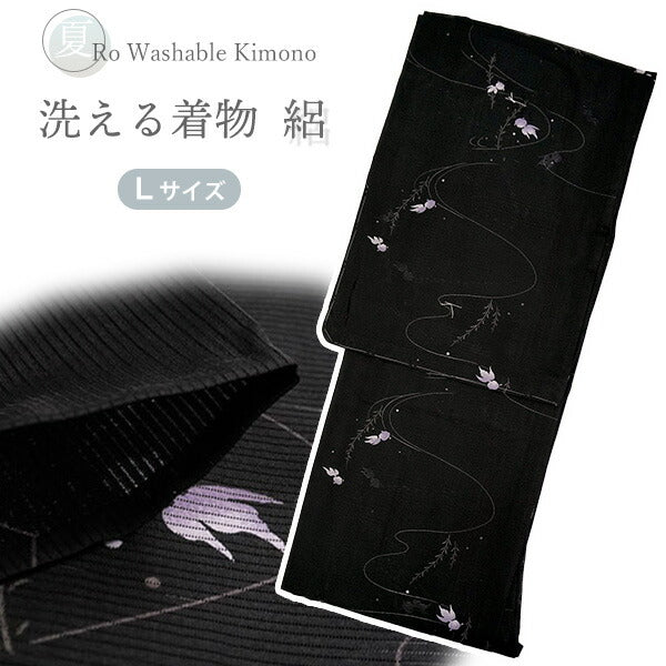 洗える夏着物 絽 お仕立て上がり 単品 ブラック 金魚 Lサイズ 小紋 カジュアル お手入れ簡単！ポリエステルの夏きもの レディース