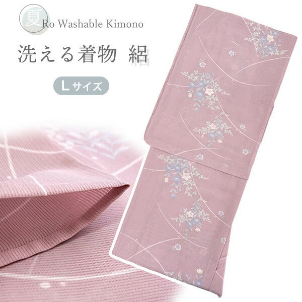 洗える夏着物 絽 お仕立て上がり 単品 ピンク 秋草 萩 桔梗 Lサイズ 小紋 カジュアル お手入れ簡単！ポリエステルの夏きもの レディース