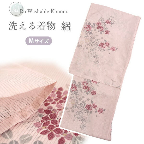 洗える夏着物 絽 お仕立て上がり 単品 ピンク 花 あじさい 杜若 萩 Mサイズ 小紋 カジュアル お手入れ簡単！ポリエステルの夏きもの レディース
