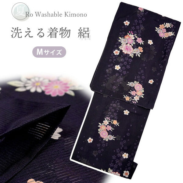 洗える夏着物 絽 お仕立て上がり 単品 パープル 牡丹 菊 さくら Mサイズ 小紋 カジュアル お手入れ簡単！ポリエステルの夏きもの レディース