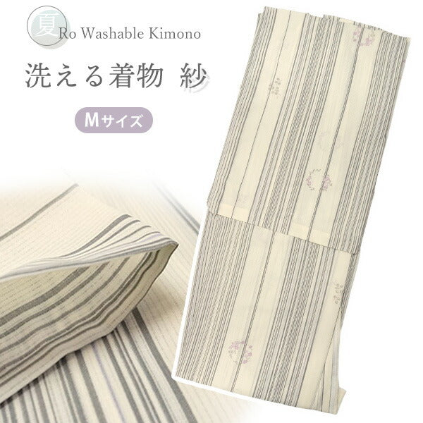 洗える夏着物 紗 お仕立て上がり 単品 オフホワイト 縞 花 萩 Mサイズ 小紋 カジュアル お手入れ簡単！ポリエステルの夏きもの レディース