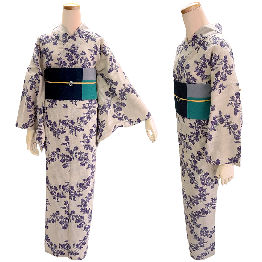 浴衣 単品 レディース オフホワイト 朝顔 綿 からみ織 レース ひでや 