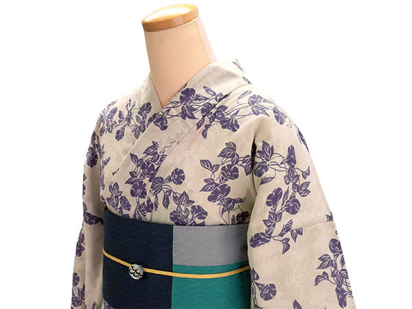 浴衣 単品 レディース オフホワイト 朝顔 綿 からみ織 レース ひでや 