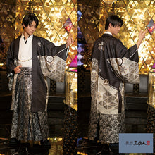 画像をギャラリービューアに読み込む, 洗える メンズ羽織・着物・袴3点セット 黒 ブラックシルバー 幾何学 M L LL 成人式や卒業式に
