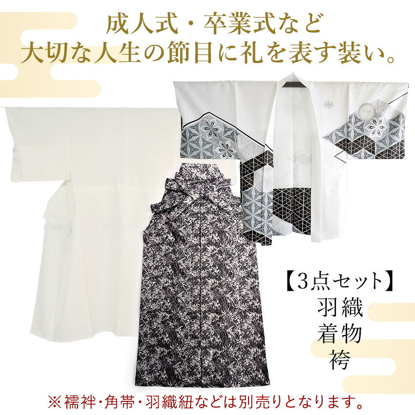 洗える メンズ羽織・着物・袴3点セット 白 ホワイトシルバー 幾何学 M L LL 成人式や卒業式に