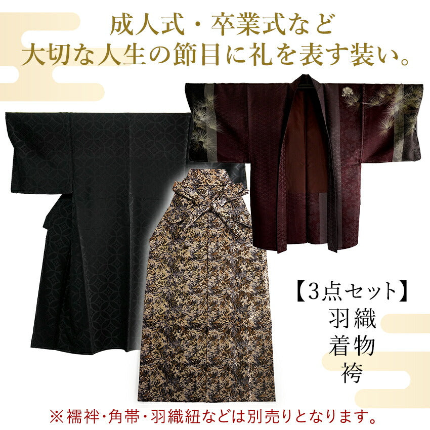 洗える メンズ羽織・着物・袴3点セット 臙脂 ゴールド 松 幾何学 M L LL 成人式や卒業式に