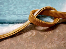 画像をギャラリービューアに読み込む, 正絹 帯揚げ帯締めセット フォーマル向き帯揚げ (茶色地に青と緑の丸 唐花地紋) 平組 帯〆 (黄土色) 和装小物 レディース
