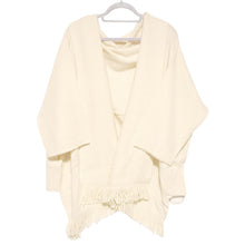 画像をギャラリービューアに読み込む, フリンジショールカーディガン ホワイト YOUTOWA 着こなし2way！ショール風に道行風に、サッと羽織れる薄手ニットカーディガン
