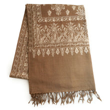 画像をギャラリービューアに読み込む, カシミール刺繍ストール 大判 ブラウン ベージュ 更紗 ウール エスニックな花柄刺繍 秋冬にサッと羽織れる軽くて暖かいショール 和装にも洋装にも
