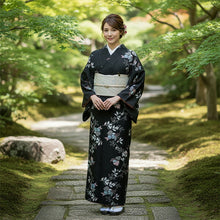 画像をギャラリービューアに読み込む, 洗える着物 袷 小紋 Lサイズ 仕立て上がり テイジン素材 単品 ブラック 木蓮 レディース 品よい縮緬地のお洒落な小紋
