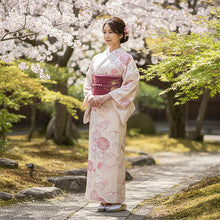 画像をギャラリービューアに読み込む, 洗える着物 袷 小紋 Lサイズ 仕立て上がり 単品 ベージュ ピンク 菊 レディース 品よい縮緬地のお洒落な小紋
