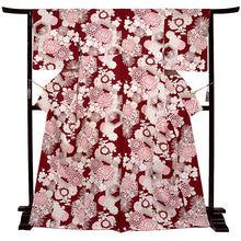 画像をギャラリービューアに読み込む, 洗える着物 袷 小紋 Lサイズ 仕立て上がり 単品 ワインレッド 菊 レディース 品よい縮緬地のお洒落な小紋
