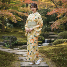 画像をギャラリービューアに読み込む, 洗える着物 袷 小紋 Lサイズ 仕立て上がり 単品 グリーン 椿 レディース 品よい縮緬地のお洒落な小紋
