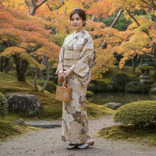 画像をギャラリービューアに読み込む, 洗える着物 袷 小紋 Lサイズ 仕立て上がり 単品 深緑 ベージュ 菊 レディース 品よい縮緬地のお洒落な小紋
