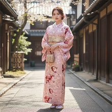 画像をギャラリービューアに読み込む, 洗える着物 袷 小紋 Lサイズ 仕立て上がり 単品 ピンク 椿 レディース 品よい縮緬地のお洒落な小紋
