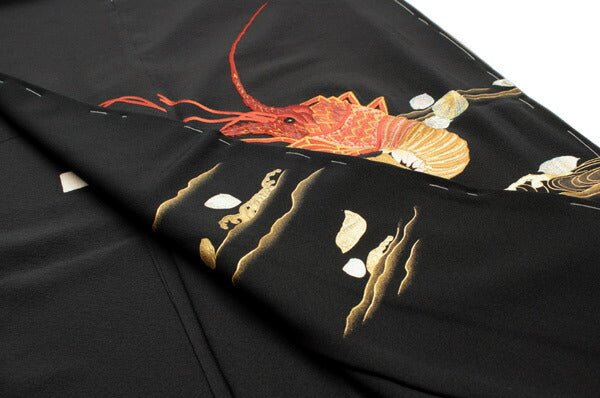 c267 留袖 未完成（正絹黒留袖 未仕立て 仮絵羽 伊勢海老柄】礼装 黒 
