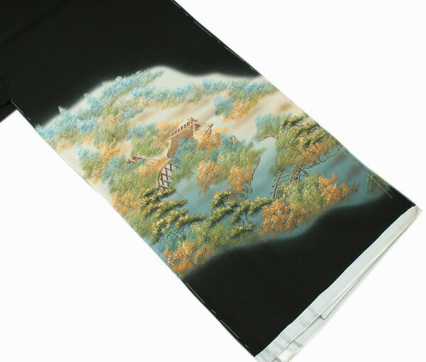 正絹黒留袖 未仕立て 仮絵羽 山辺風景柄】礼装 黒留め袖 新品 お