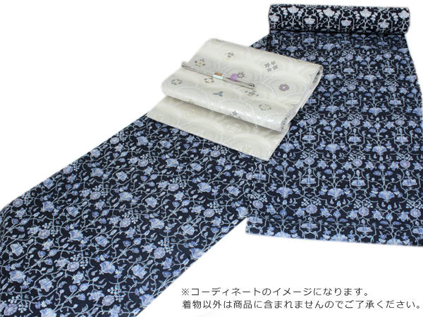【新品未使用】しょうざん　生紬 小紋 着物 紺色 花柄 紺色花柄小紋着物セット 新品未使用】しょうざん 生紬 小紋 着物 紺色 花