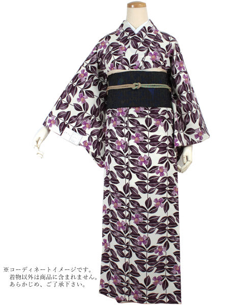 小紋洗える着物南天花模様リーフパープル着物013a d