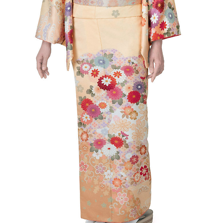薄オレンジ色地に花々訪問着コーディネートフルセット 正絹 袷 【公式