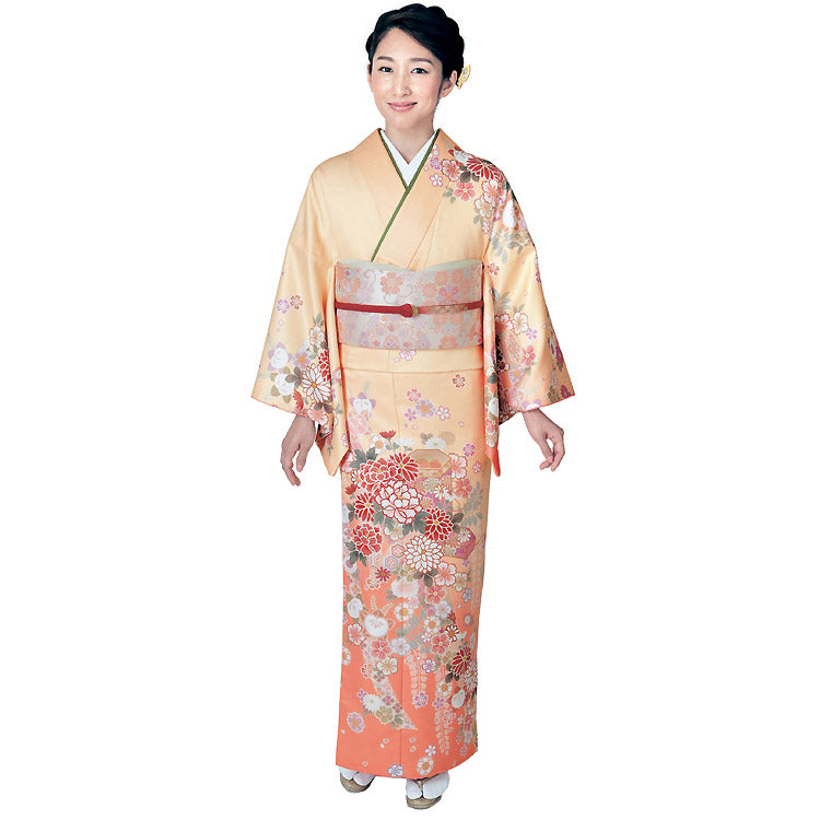 訪問着 セット 購入 オレンジ地 貝桶に吉祥花 18点フルセット