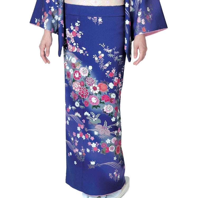 訪問着のみ 正絹 着物 青 枝葉模様 花 J10 滴り