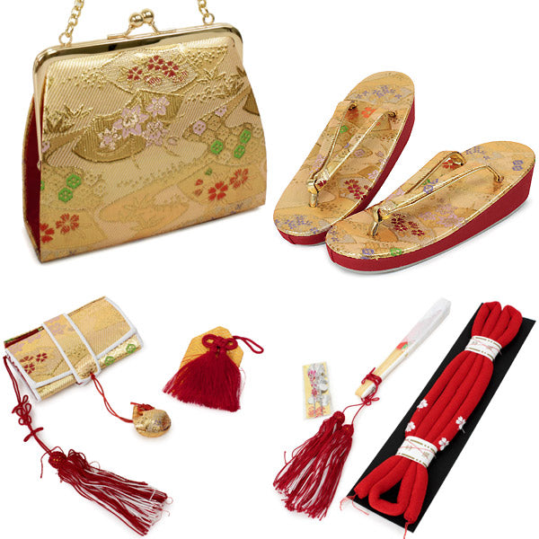 七五三 はこせこセット 7歳 草履 バッグ 総柄 桜 花 手毬 黒 金 赤 緑