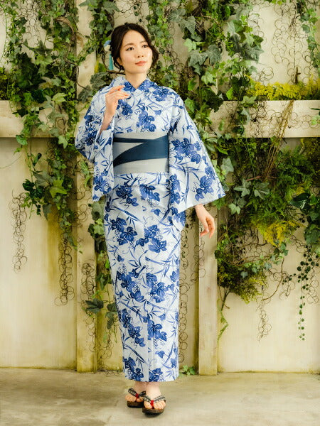 レトロモダンな大人浴衣セット◇濃紺地に白の大輪花麻の葉柄