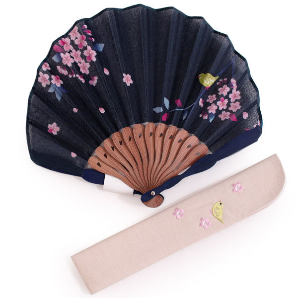 扇子 扇子袋 2点セット レディース 紺 鳥 桜 箱入り エコ ギフト