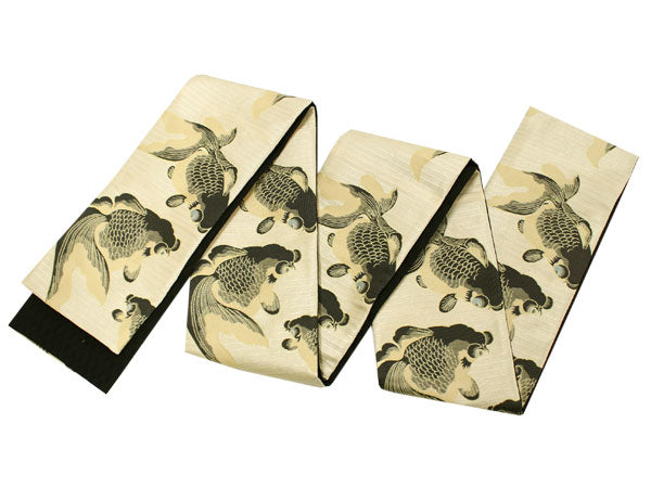 半幅帯 おりびと 単品 ベージュ 金魚 リバーシブル 着物 帯 カジュアル