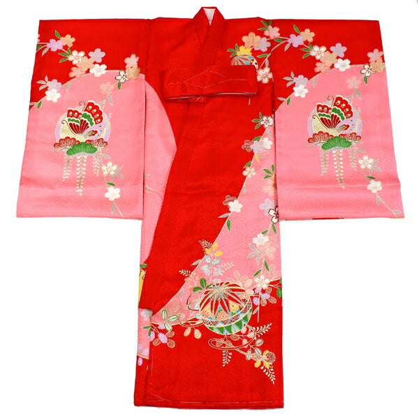 お宮参り 産着 女の子 赤 鞠 蝶 着物 長襦袢 セット 古典 七五三 3歳