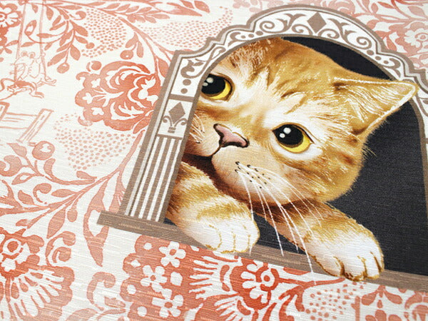 猫　京袋帯（昼夜帯）　洒落袋帯　ベージュ系　ハンドメイドレディース