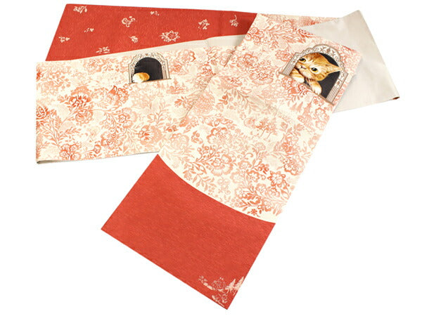 【販売銀座】3k1398 名古屋帯　絹　塩瀬帯　猫　歌舞伎　橙色　白　黒　花柄　和装　着物 着物・浴衣