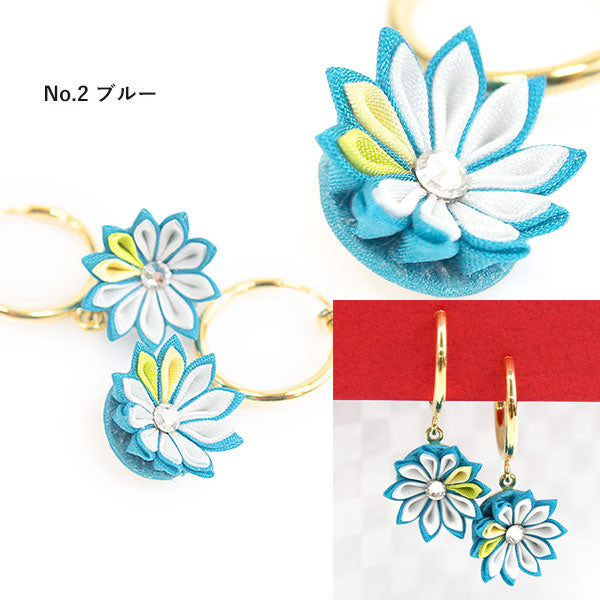 イヤリング つまみ細工 ピンク ブルー フープ型 花 耳飾り 単品