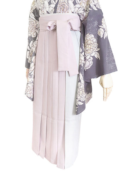 袴セット 卒業式 グレー地華紋に牡丹 二尺袖着物 ピンク グレー バイ