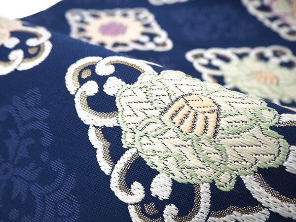新品 未使用 西陣 正絹 9寸 袋名古屋帯 全通 櫛織り 花唐草 白系 新品 未使用 正絹 西陣 9寸 袋名古屋帯 花菱 花唐草 櫛織り 全通 藍青