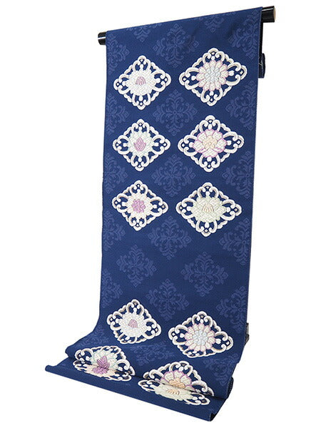 新品 未使用 正絹 西陣 9寸 袋名古屋帯 花菱 花唐草 櫛織り 全通 藍青