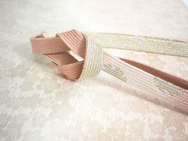 ピンク色組紐訪問着と袋帯・帯揚げ帯締めの4点フルセット サーモン